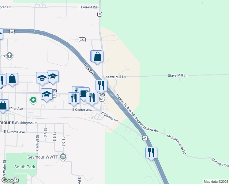 map of restaurants, bars, coffee shops, grocery stores, and more near Matney Hollow Road in Seymour