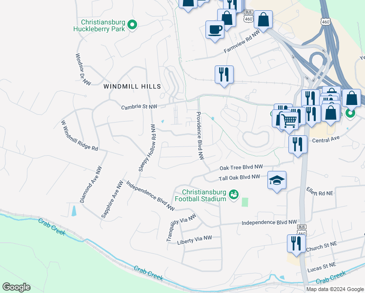 map of restaurants, bars, coffee shops, grocery stores, and more near 505 Pin Oak Drive Northwest in Christiansburg