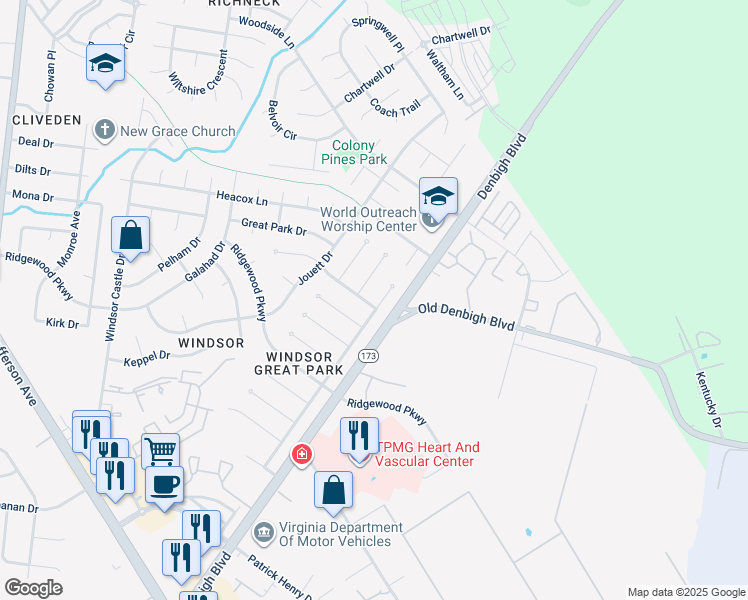map of restaurants, bars, coffee shops, grocery stores, and more near 829 Balthrope Road in Newport News