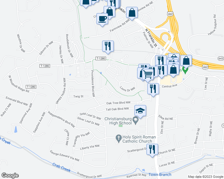 map of restaurants, bars, coffee shops, grocery stores, and more near 190 Willow Oak Drive Northwest in Christiansburg