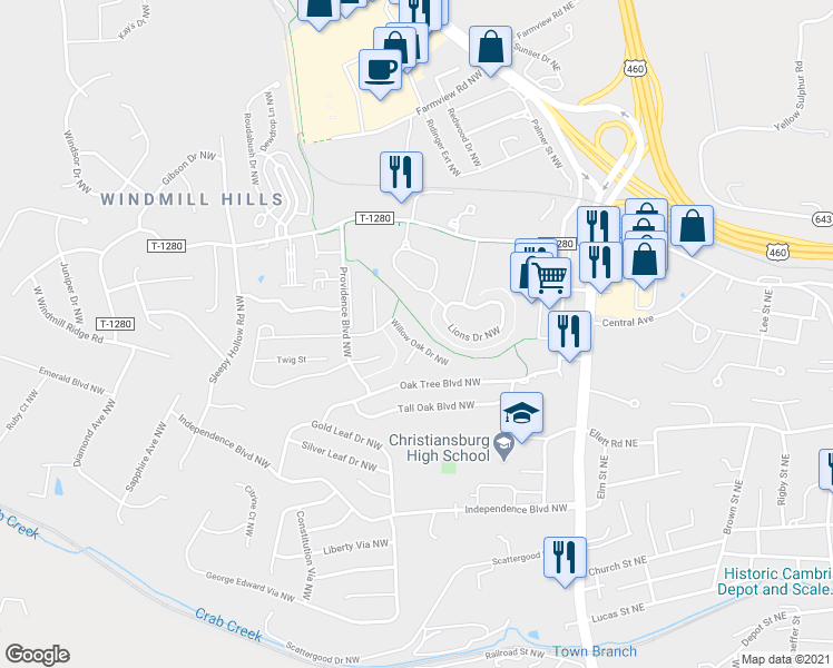 map of restaurants, bars, coffee shops, grocery stores, and more near 295 Willow Oak Drive Northwest in Christiansburg