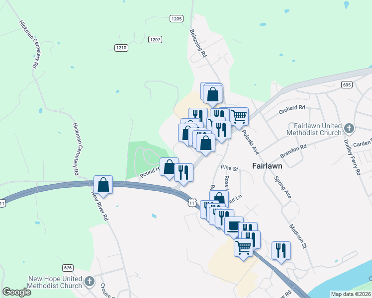 map of restaurants, bars, coffee shops, grocery stores, and more near 7321 Peppers Ferry Boulevard in Fairlawn