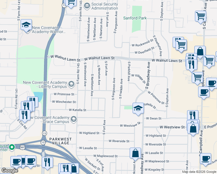 map of restaurants, bars, coffee shops, grocery stores, and more near 1228 West Winkler Street in Springfield
