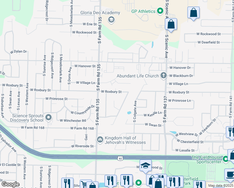 map of restaurants, bars, coffee shops, grocery stores, and more near 3630 South Blackburn Court in Springfield