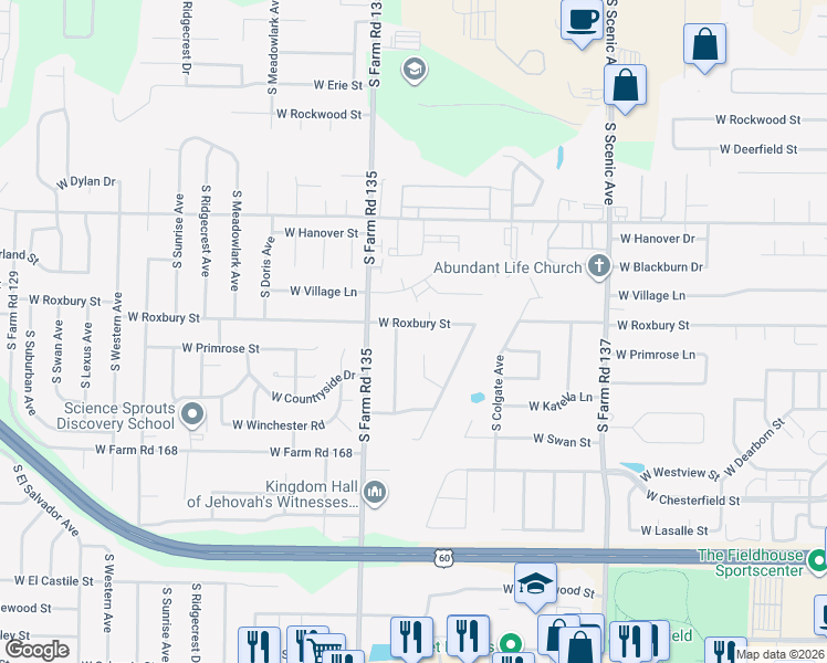 map of restaurants, bars, coffee shops, grocery stores, and more near 3611 South Walnut Hill Avenue in Springfield