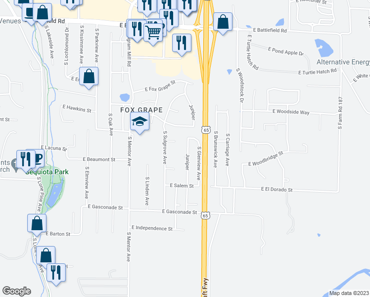 map of restaurants, bars, coffee shops, grocery stores, and more near 3429 Juniper in Springfield