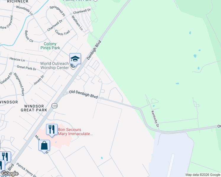 map of restaurants, bars, coffee shops, grocery stores, and more near 1141 Old Denbigh Boulevard in Newport News