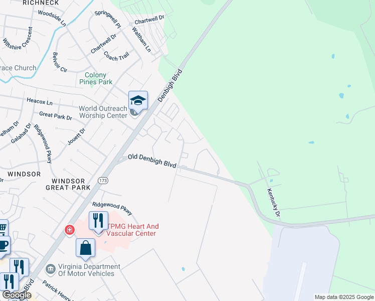 map of restaurants, bars, coffee shops, grocery stores, and more near 12710 Woodside Lane in Newport News