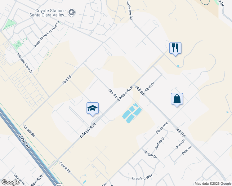 map of restaurants, bars, coffee shops, grocery stores, and more near 17720 Elm Road in Morgan Hill