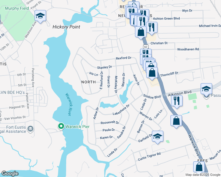 map of restaurants, bars, coffee shops, grocery stores, and more near 8 Grant Drive in Newport News