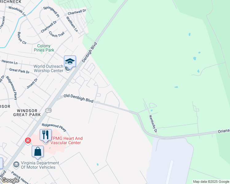 map of restaurants, bars, coffee shops, grocery stores, and more near 1141 Old Denbigh Boulevard in Newport News
