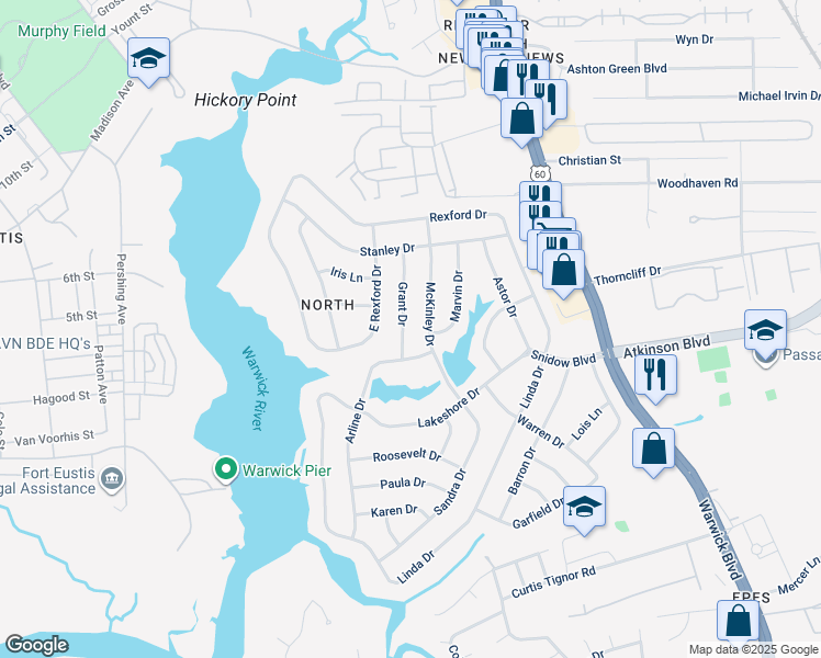 map of restaurants, bars, coffee shops, grocery stores, and more near 8 Grant Drive in Newport News