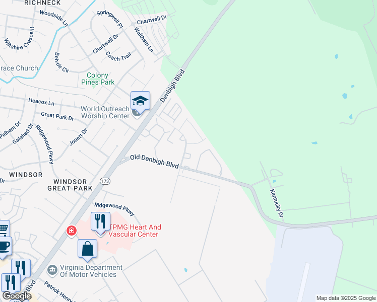 map of restaurants, bars, coffee shops, grocery stores, and more near 12710 Woodside Lane in Newport News