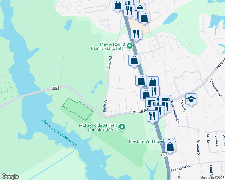 map of restaurants, bars, coffee shops, grocery stores, and more near 111 Quail Road in Yorktown