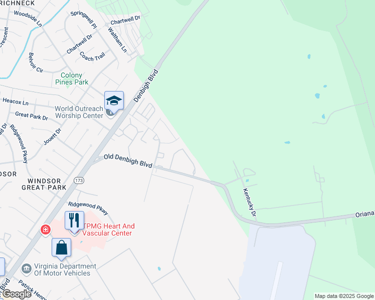 map of restaurants, bars, coffee shops, grocery stores, and more near 1141 Old Denbigh Boulevard in Newport News