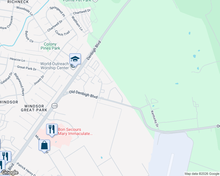 map of restaurants, bars, coffee shops, grocery stores, and more near 1141 Old Denbigh Boulevard in Newport News