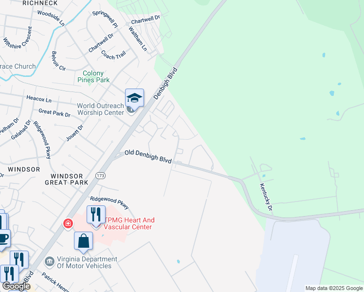 map of restaurants, bars, coffee shops, grocery stores, and more near 12710 Woodside Lane in Newport News