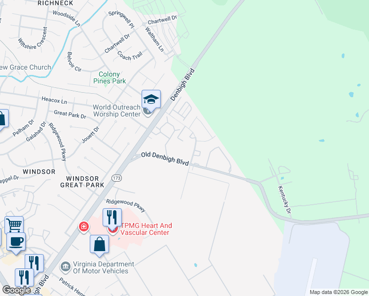 map of restaurants, bars, coffee shops, grocery stores, and more near 1097 Old Denbigh Boulevard in Newport News