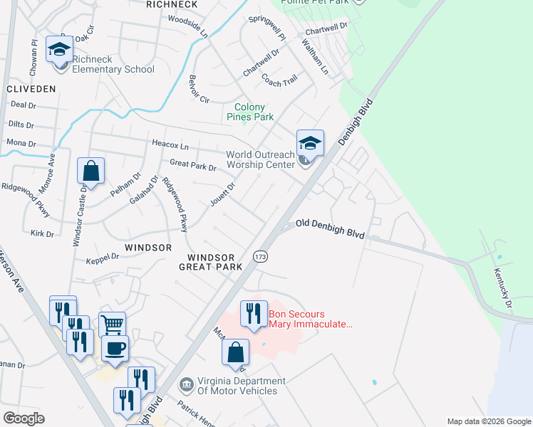 map of restaurants, bars, coffee shops, grocery stores, and more near 10 Fauquier Place in Newport News
