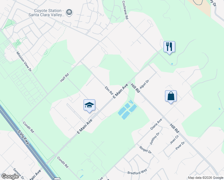 map of restaurants, bars, coffee shops, grocery stores, and more near 1700 East Main Avenue in Morgan Hill