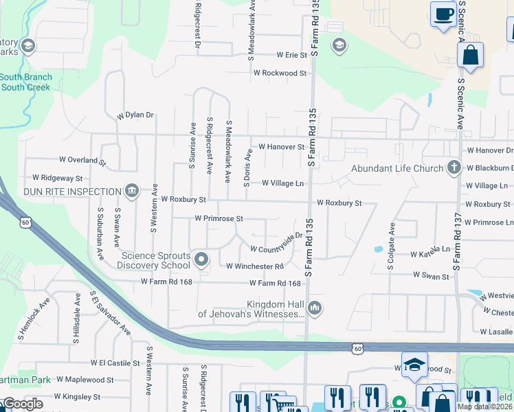 map of restaurants, bars, coffee shops, grocery stores, and more near 3246 West Primrose Street in Springfield