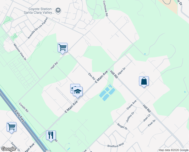 map of restaurants, bars, coffee shops, grocery stores, and more near 1700 East Main Avenue in Morgan Hill