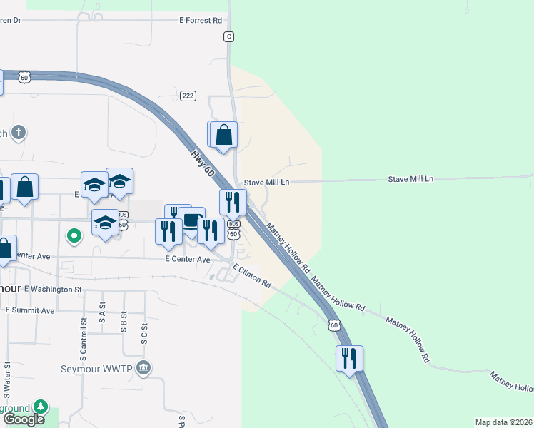 map of restaurants, bars, coffee shops, grocery stores, and more near 3500 U.S. 60 in Seymour
