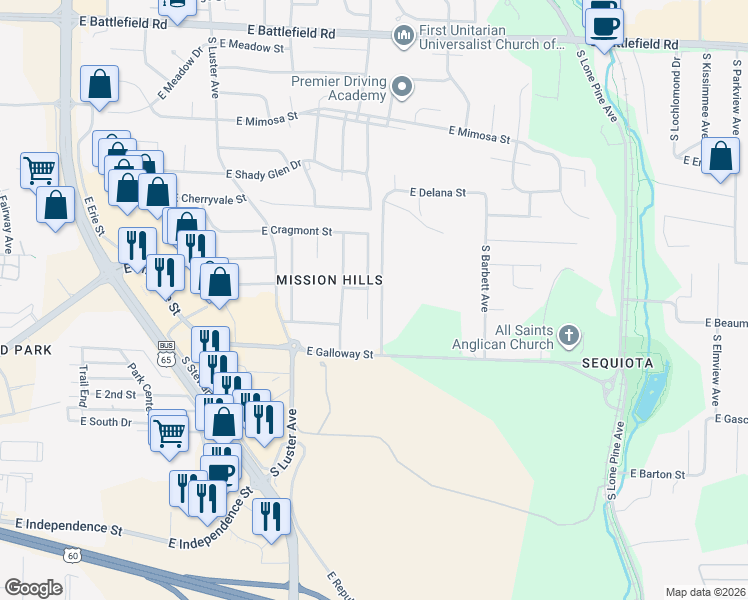 map of restaurants, bars, coffee shops, grocery stores, and more near 3510 South Horseshoe Avenue in Springfield