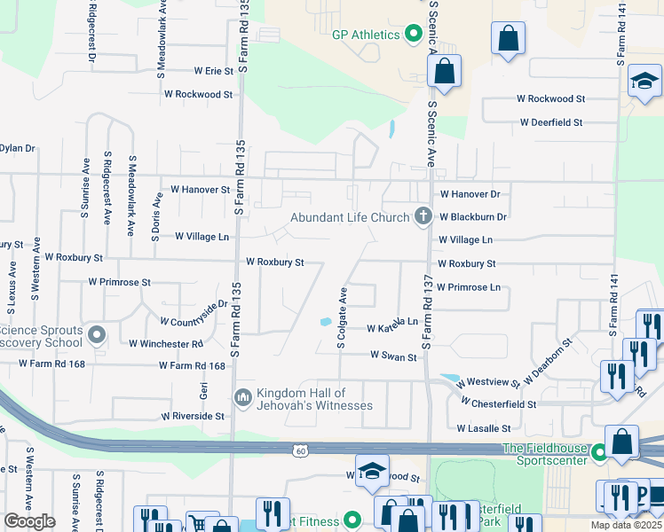map of restaurants, bars, coffee shops, grocery stores, and more near 3580 South Hillcrest Avenue in Springfield