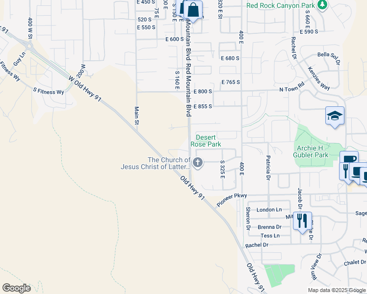 map of restaurants, bars, coffee shops, grocery stores, and more near 177 Terrace Lane in Ivins