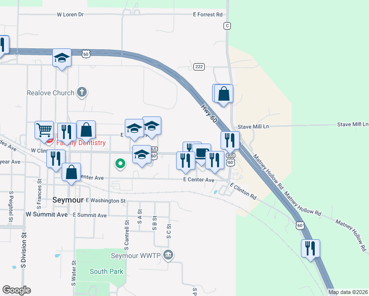 map of restaurants, bars, coffee shops, grocery stores, and more near East Clinton Avenue in Seymour