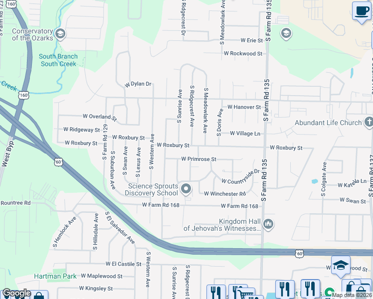 map of restaurants, bars, coffee shops, grocery stores, and more near 3380 West Primrose Street in Springfield