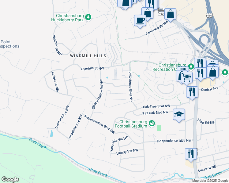 map of restaurants, bars, coffee shops, grocery stores, and more near 585 Pin Oak Drive Northwest in Christiansburg