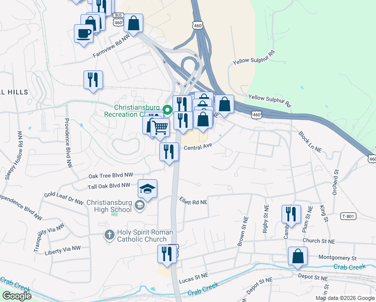 map of restaurants, bars, coffee shops, grocery stores, and more near 223 Central Avenue in Christiansburg