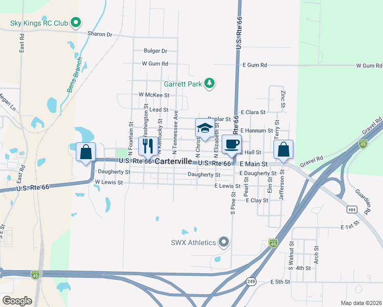 map of restaurants, bars, coffee shops, grocery stores, and more near 129 E Main St in Carterville