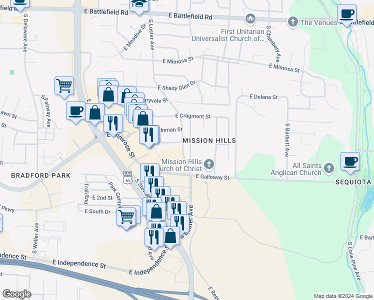 map of restaurants, bars, coffee shops, grocery stores, and more near 3511 South Barnes Avenue in Springfield