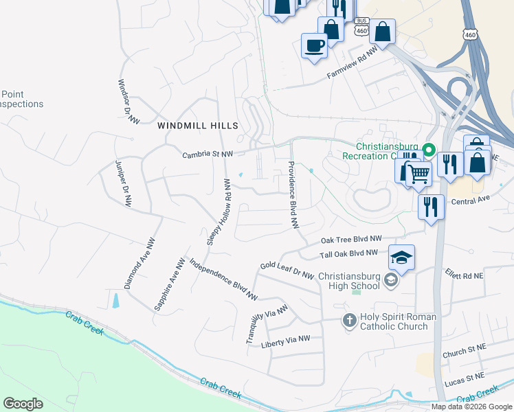map of restaurants, bars, coffee shops, grocery stores, and more near 625 Pin Oak Drive Northwest in Christiansburg
