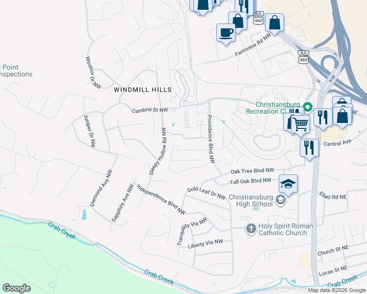 map of restaurants, bars, coffee shops, grocery stores, and more near 595 Pin Oak Drive Northwest in Christiansburg