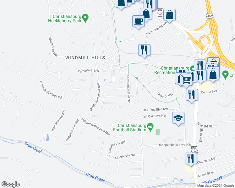 map of restaurants, bars, coffee shops, grocery stores, and more near 515 Pin Oak Drive Northwest in Christiansburg