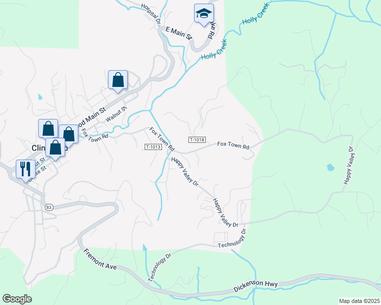map of restaurants, bars, coffee shops, grocery stores, and more near State Route 727 in Clintwood