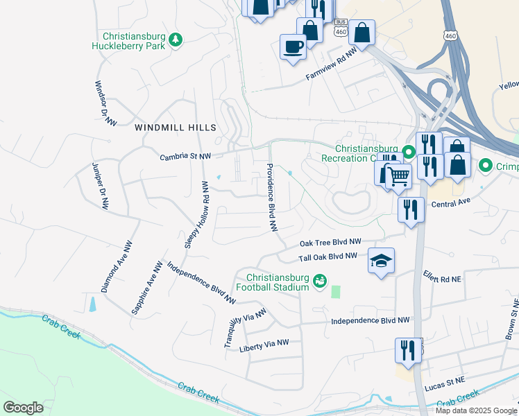 map of restaurants, bars, coffee shops, grocery stores, and more near 455 Pin Oak Drive Northwest in Christiansburg