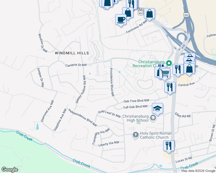 map of restaurants, bars, coffee shops, grocery stores, and more near 1535 Providence Boulevard Northwest in Christiansburg