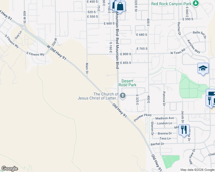 map of restaurants, bars, coffee shops, grocery stores, and more near 133 Terrace Lane in Ivins