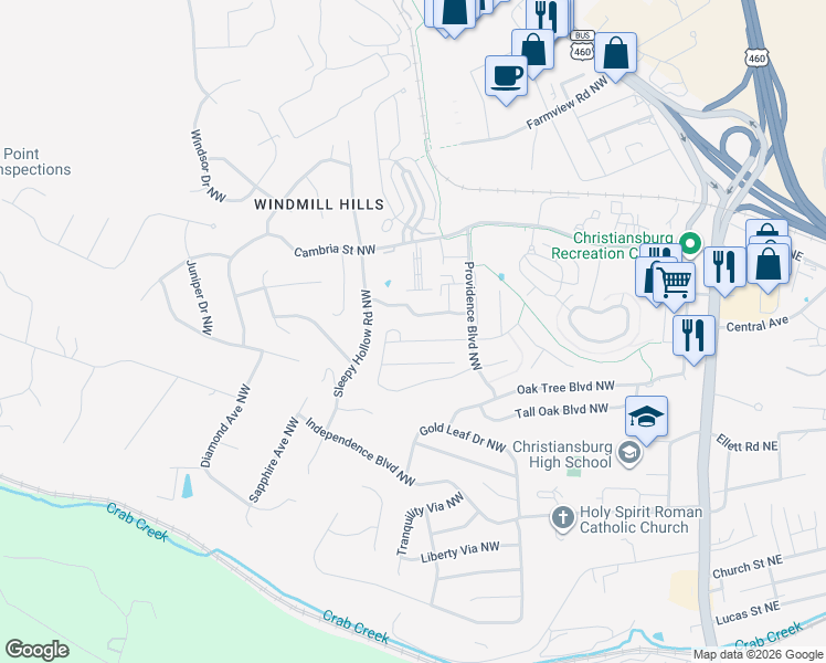 map of restaurants, bars, coffee shops, grocery stores, and more near 625 Pin Oak Drive Northwest in Christiansburg
