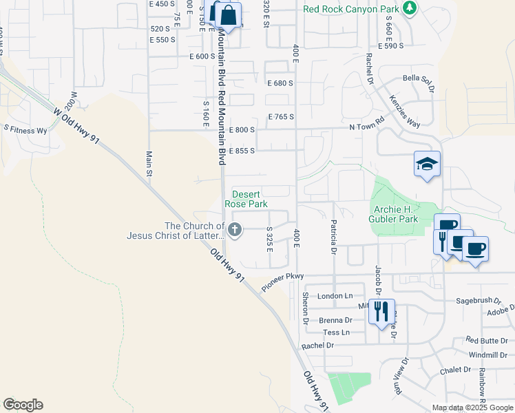 map of restaurants, bars, coffee shops, grocery stores, and more near 293 East 1020 South in Ivins