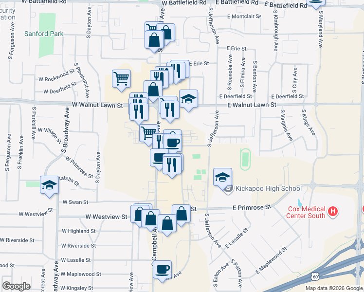map of restaurants, bars, coffee shops, grocery stores, and more near 201 East Powell Street in Springfield