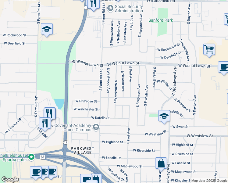 map of restaurants, bars, coffee shops, grocery stores, and more near 3543 South Nettleton Avenue in Springfield