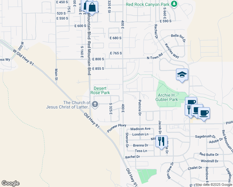 map of restaurants, bars, coffee shops, grocery stores, and more near 361 East 1020 South in Ivins