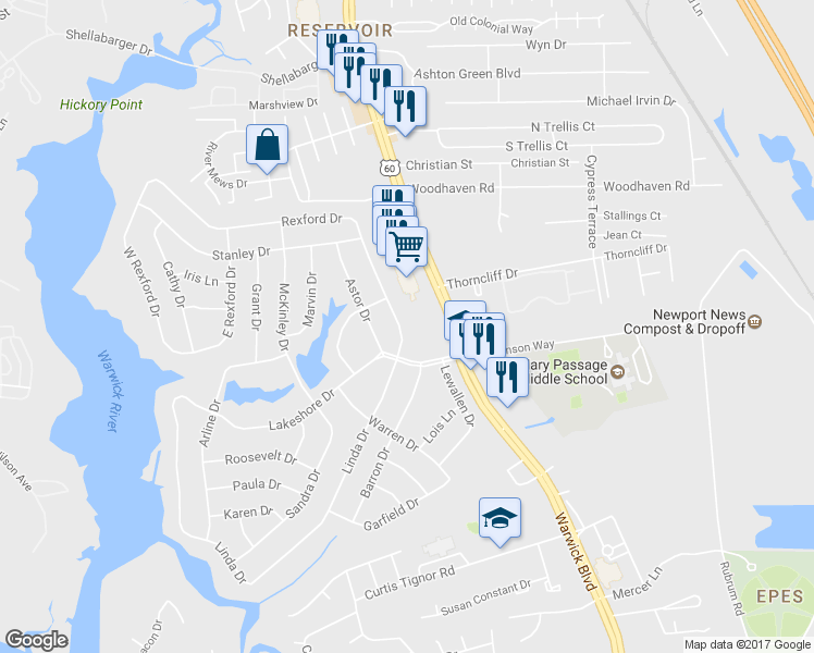 map of restaurants, bars, coffee shops, grocery stores, and more near 10 Rexford Drive in Newport News