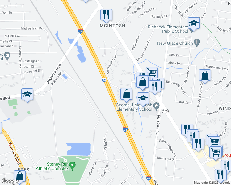 map of restaurants, bars, coffee shops, grocery stores, and more near 533 Chanticlar Court in Newport News